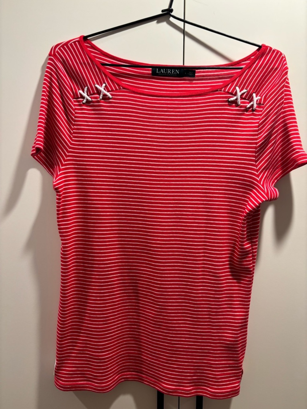 Ralph Lauren Red & White Striped Short-Sleeve Tee with Lace-Up Shoulder Detail